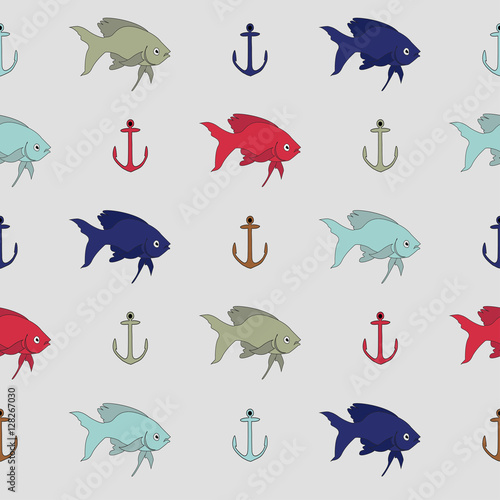 Abstract seamless pattern for girls or boys. Creative vector background with small fish, anchor Funny wallpaper for textile and fabric. Fashion style. Colorful bright picture for children. Multicolor