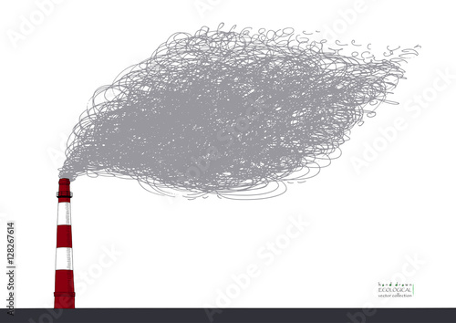 Smokestack on white background. Illustration of air pollution caused by fume from factory and plant pipe, tube, trunk. Colored hand drawn ink sketch in vector. Ecological collection.