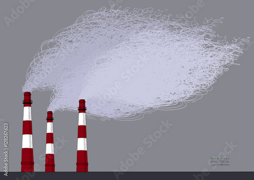 Smokestack on grey sky background. Illustration of air pollution caused by fume from factory and plant pipe, tube, trunk. Colored hand drawn ink sketch in vector. Ecological collection.