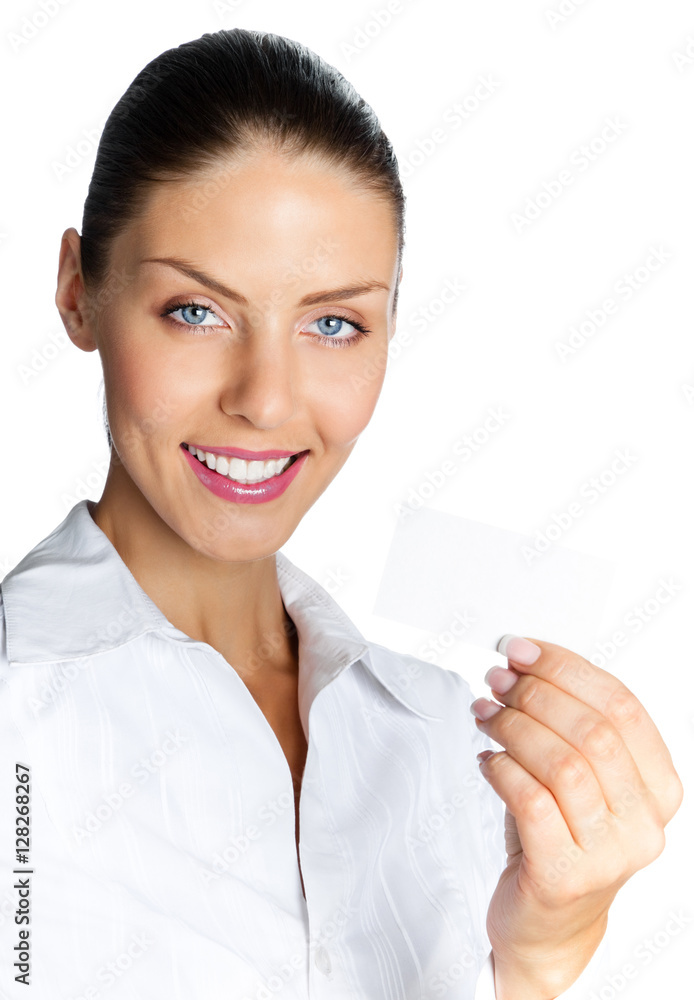 Businesswoman giving business card, isolated Businesswoman giving business card, isolated
