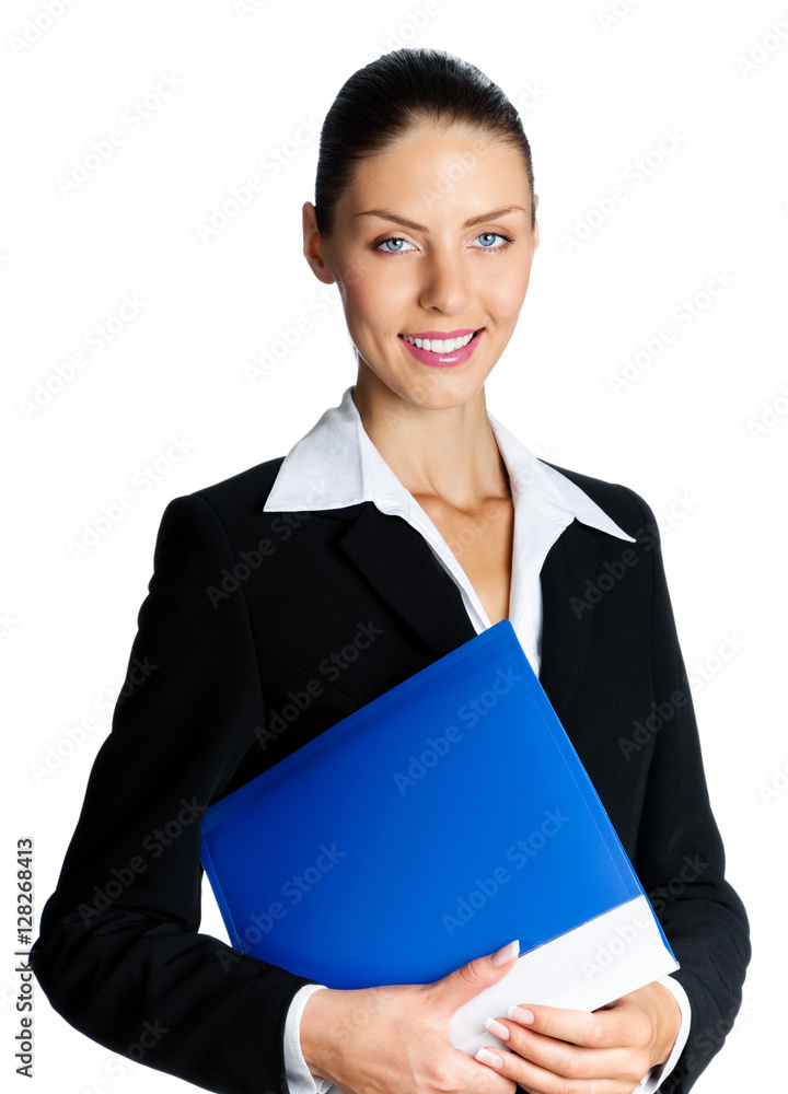 businesswoman with blue folder, isolated on white businesswoman with blue folder, isolated on white