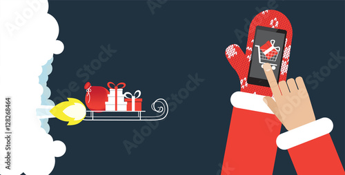 Presents on the rocket sled. Fast shipping concept of e-commerce trade. Vector illustrtaion