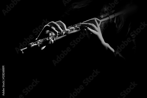Fototapet Flute instrument Hands playing flute music