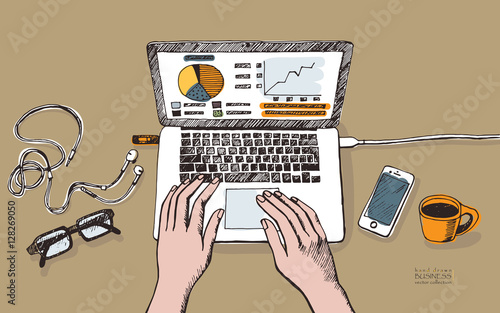 Illustration of workplace with laptop, phone, earphones, glasses, cup of coffee. Hands on a keyboard. Colored hand drawn ink sketch in vector