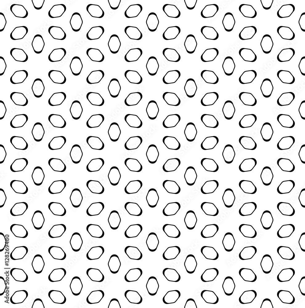 Vector seamless pattern, simple minimalist geometric monochrome texture, perforated black elliptic figures on white background. Design element for prints, decoration, textile, digital, web, package