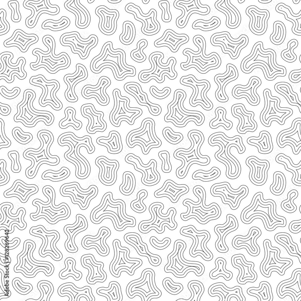 Vector monochrome seamless pattern, thin curved lines, simple liquid figures, black contour shapes on white background. Abstract repeat texture. Design element for prints, decoration, textile, cover Vector monochrome seamless pattern, thin curved lines, simple liquid figures, black contour shapes on white background. Abstract repeat texture. Design element for prints, decoration, textile, cover