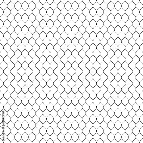 Vector seamless pattern, black thin wavy lines on white backdrop. Illustration of mesh, fishnet, lace. Subtle monochrome background, simple repeat texture. Design for prints, decoration, web, textile