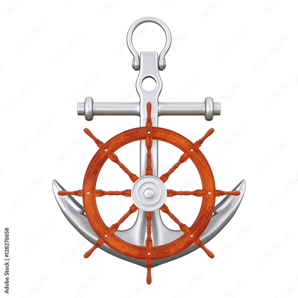 Ship Steering Wheel with Silver Nautical Anchor. 3d Rendering