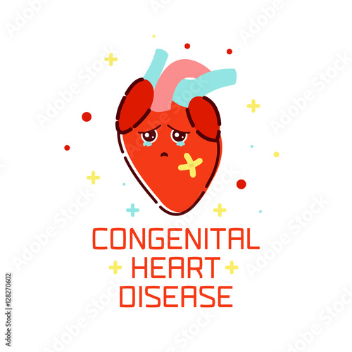 Congenital heart disease awareness poster with sad cartoon heart on white background. Human body organs anatomy icon. Medical concept. Vector illustration.