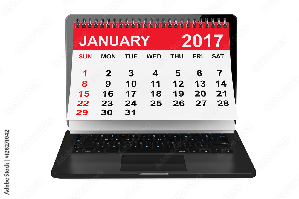 January 2017 calendar over laptop screen. 3d rendering January 2017 calendar over laptop screen. 3d rendering