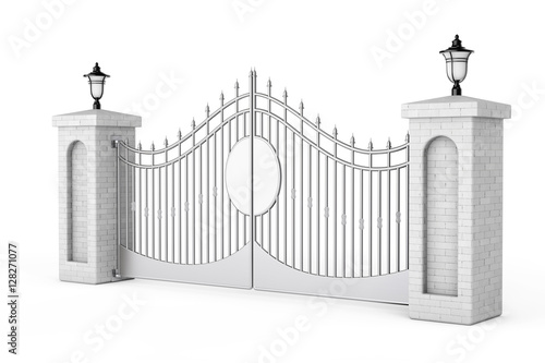 Decorative Steel Gate with Brick Pillars and Lights. 3d Renderin