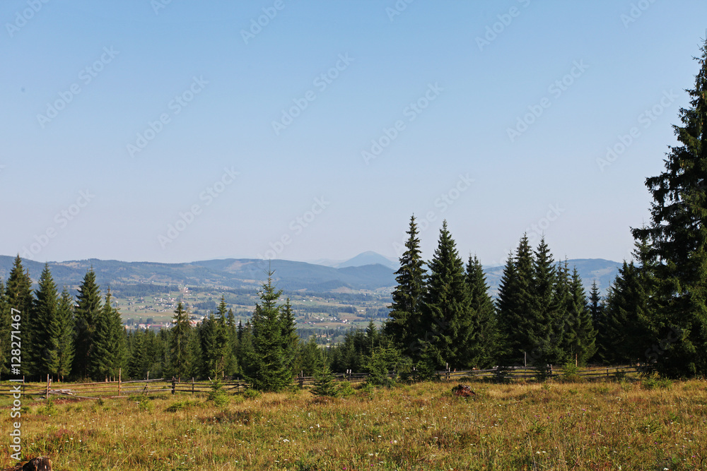 Beautiful view over mountains in countryside of Bucovina, Romania