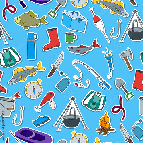 Seamless pattern on the theme of fishing, a simple hand-drawn icons on blue background