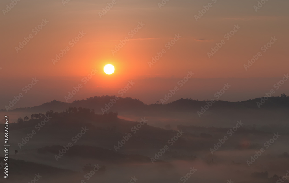 The sunrise with a fog in winter