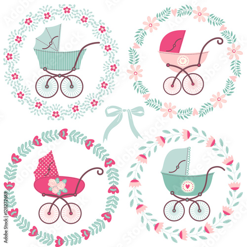 Set of illustrations with prams and frames