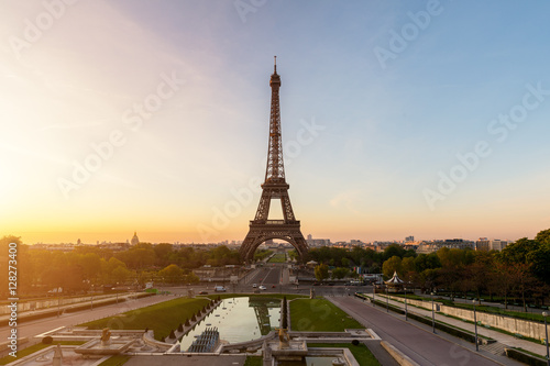 Sunrise in Eiffel Tower in Paris, France. Eiffel Tower is famous
