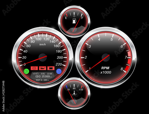 Car dashboard. Speedometer, tachometer, fuel and temperature gauge
