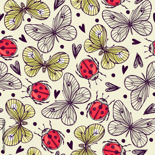 Seamless pattern with butterflies and ladybug