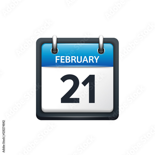 February 21. Calendar icon.Vector illustration,flat style.Month and date.Sunday,Monday,Tuesday,Wednesday,Thursday,Friday,Saturday.Week,weekend,red letter day. 2017,2018 year.Holidays.
