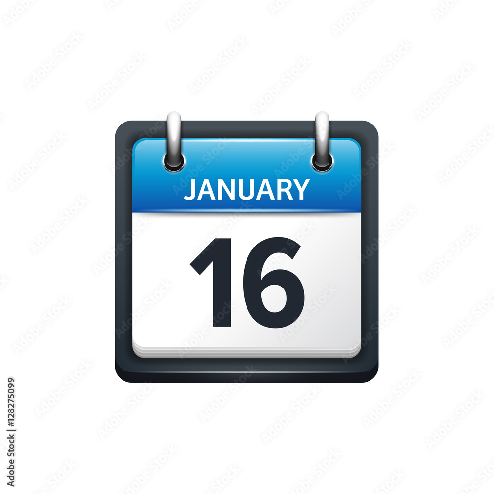 January 16. Calendar icon.Vector illustration,flat style.Month and date.Sunday,Monday,Tuesday,Wednesday,Thursday,Friday,Saturday.Week,weekend,red letter day. 2017,2018 year.Holidays.