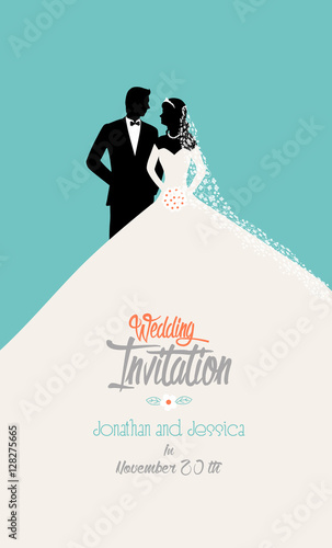 wedding invitation with a bride and groom in retro flat style