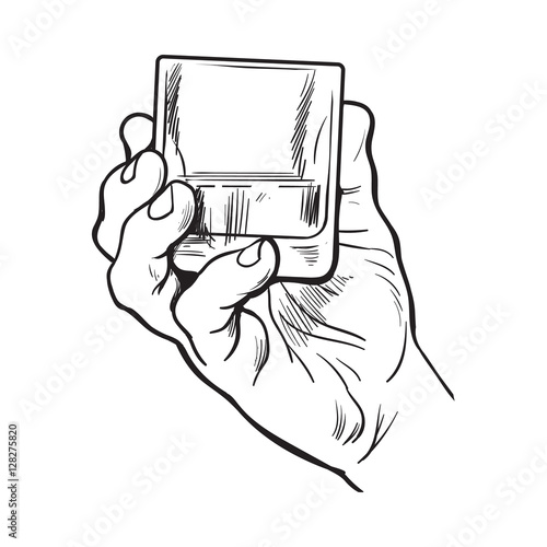 Hand holding full glass of whiskey, sketch style vector illustration isolated on white background. Hand drawing black and white of male hand with shot of rum, whiskey, cognac, time to drink concept