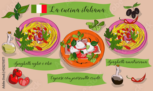 Vetcor menu of Italian dishes. Spaghetti aglio con olio, caprese con prosciutto crudo, spaghetti amatriciana. La cucina italiana.