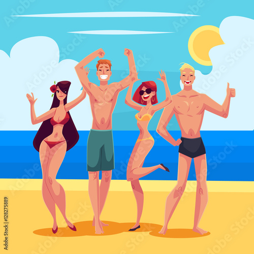 Young people dancing on the beach in swimming suits and shorts, cartoon style vector illustrations isolated on white background. Young men and women, boys and girls dancing at a beach party