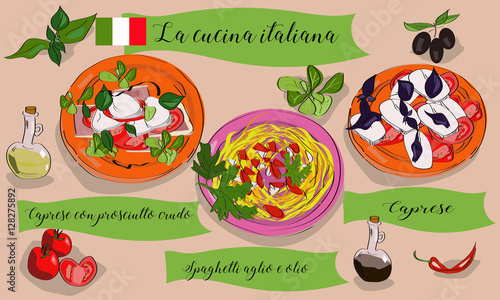 Vetcor menu of Italian dishes. Caprese, caprese con prosciutto crudo, spaghetti aglio e olio. La cucina italiana.