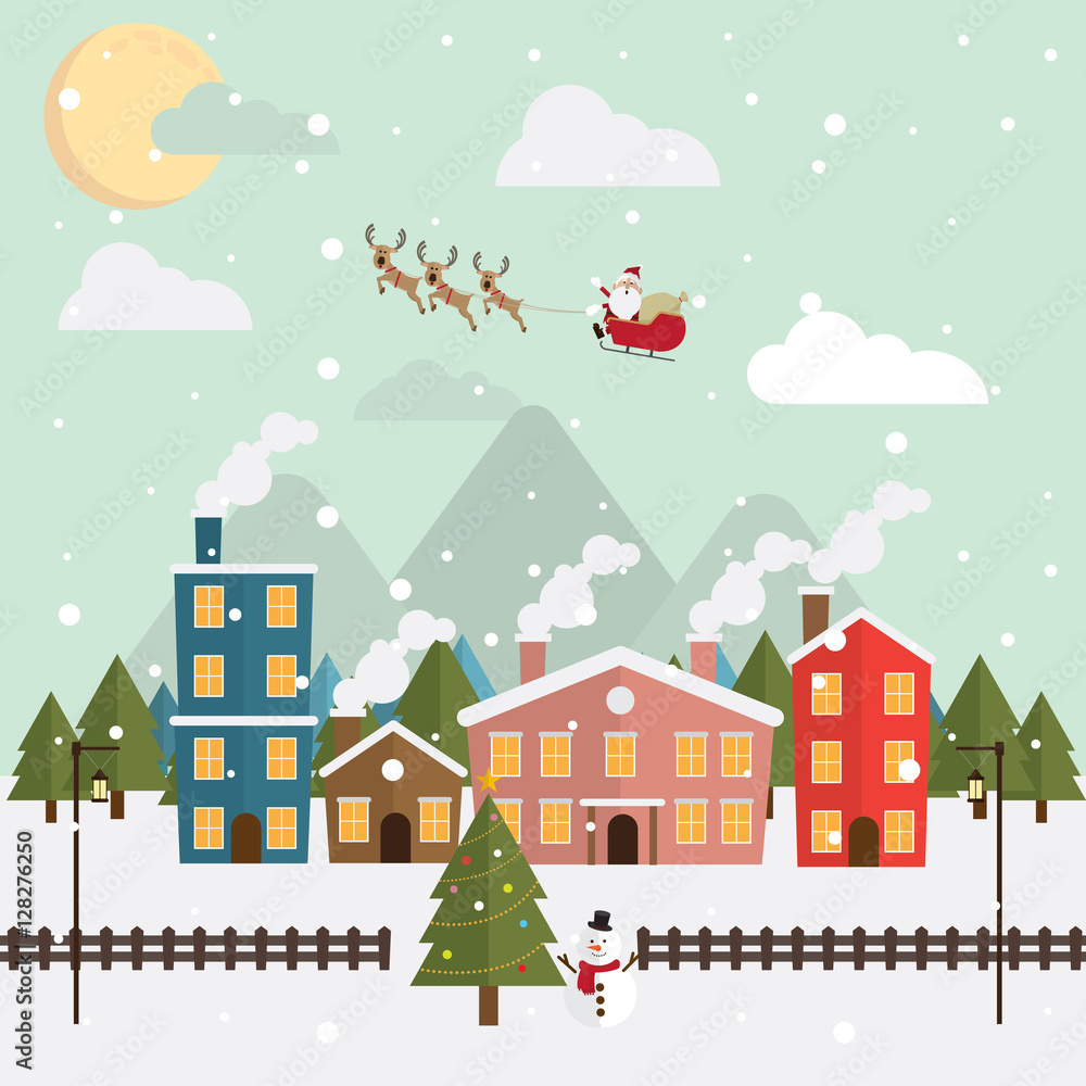 Christmas santa claus and reindeer snow moon night vector