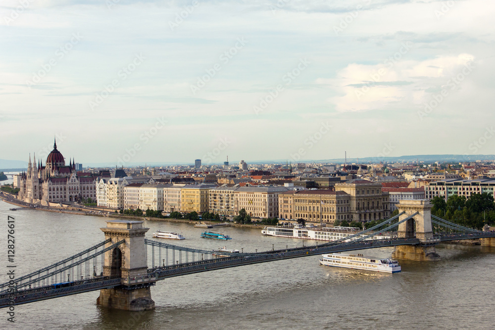 Chain bridge and the city of Budapest, Hungary