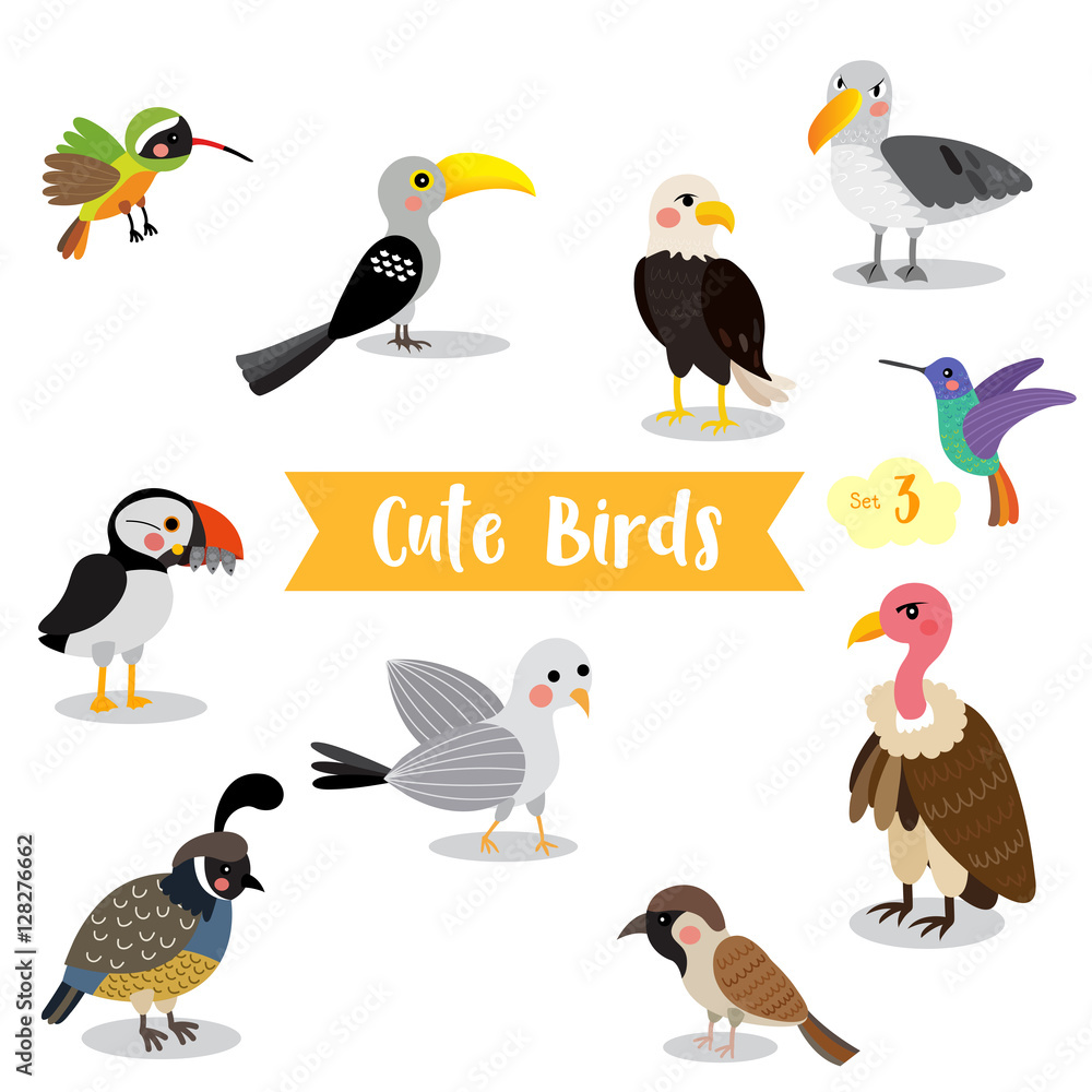 Fototapeta premium Cute Birds Animal cartoon on white background. Eagle. Vulture. Sparrow. Seagull. Puffin. Quail. Hummingbird. Albatross. Xantus. Yellow-Billed Hornbill. Vector illustration. Set 3.