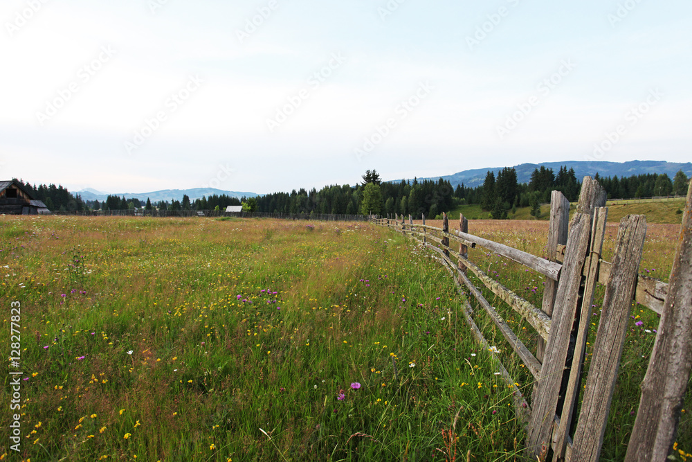 Countryside wood fence scene in Bucovina, Romania