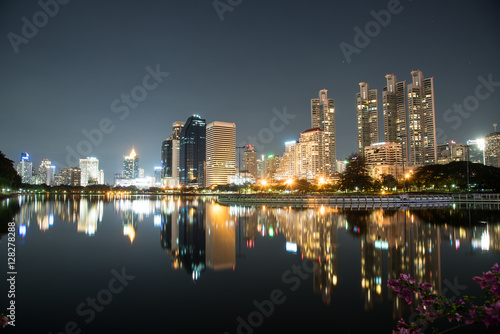 Bangkok city downtown at night with reflection of skyline  Bangk