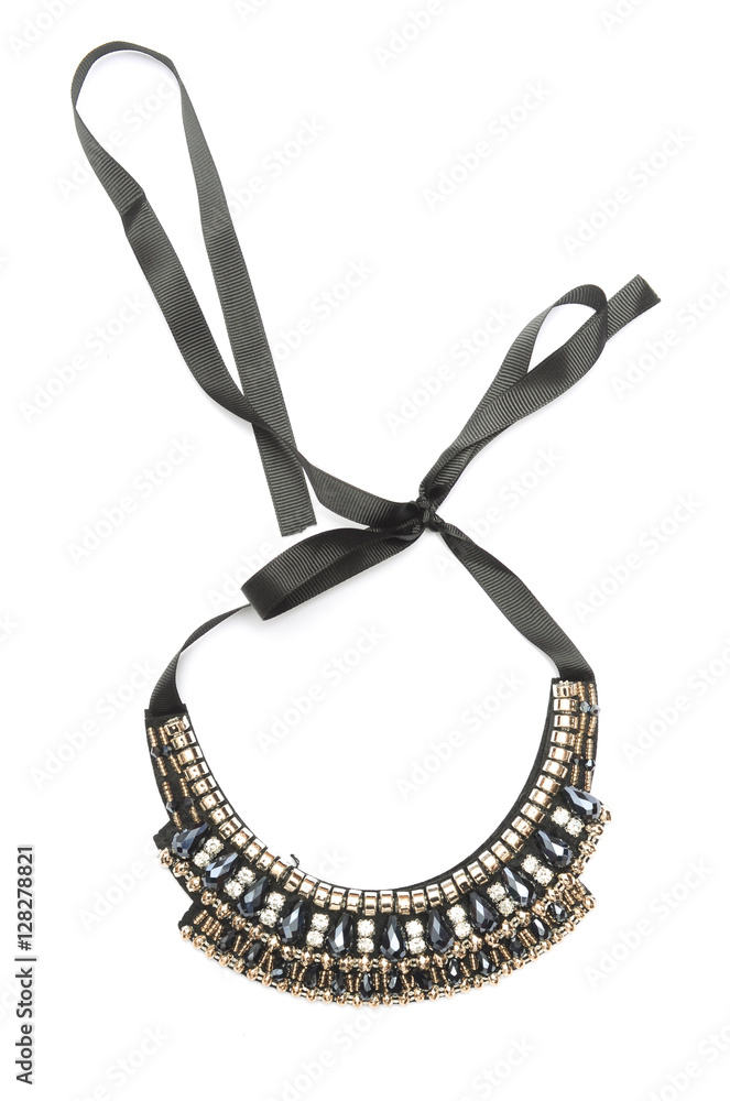 necklace with beads and black ribbon isolated on white necklace with beads and black ribbon isolated on white
