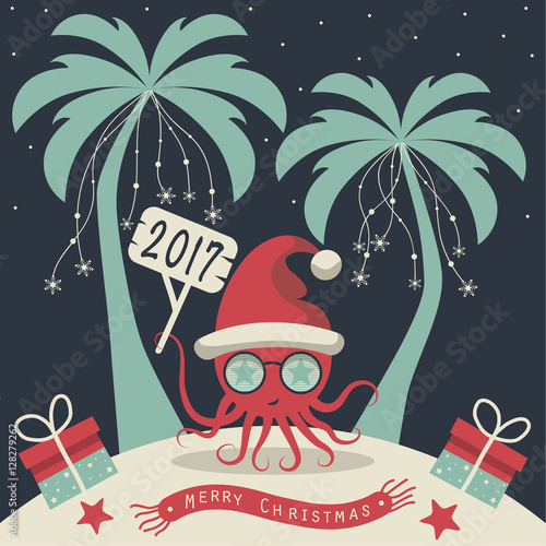 The cover design. Christmas on the island. Depicts two palm trees, a octopus in Santa Claus hat, garlands of snowflakes, presents on the sand , starfish and scarf with the words merry christmas.