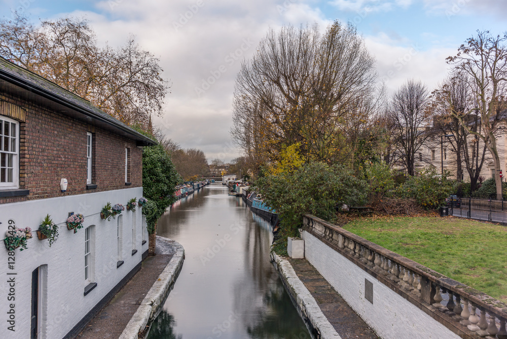 Water Canal and reflections in Little Venice in London in Autumn Water Canal and reflections in Little Venice in London in Autumn