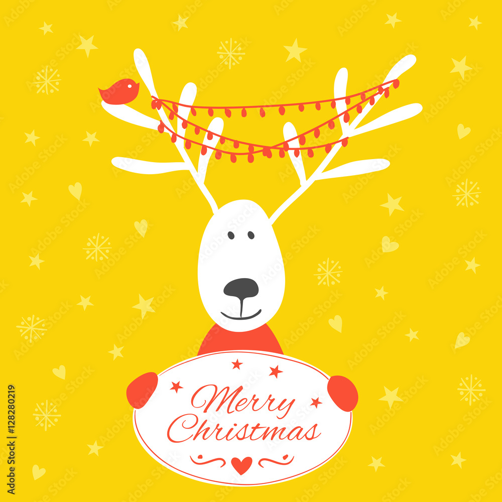 Merry Christmas Card With Reindeer. Christmas Printables. Stock Vector 