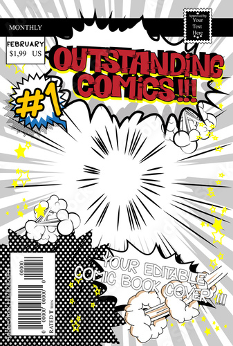 Editable comic book cover template, customizable title, bar code and other elements.