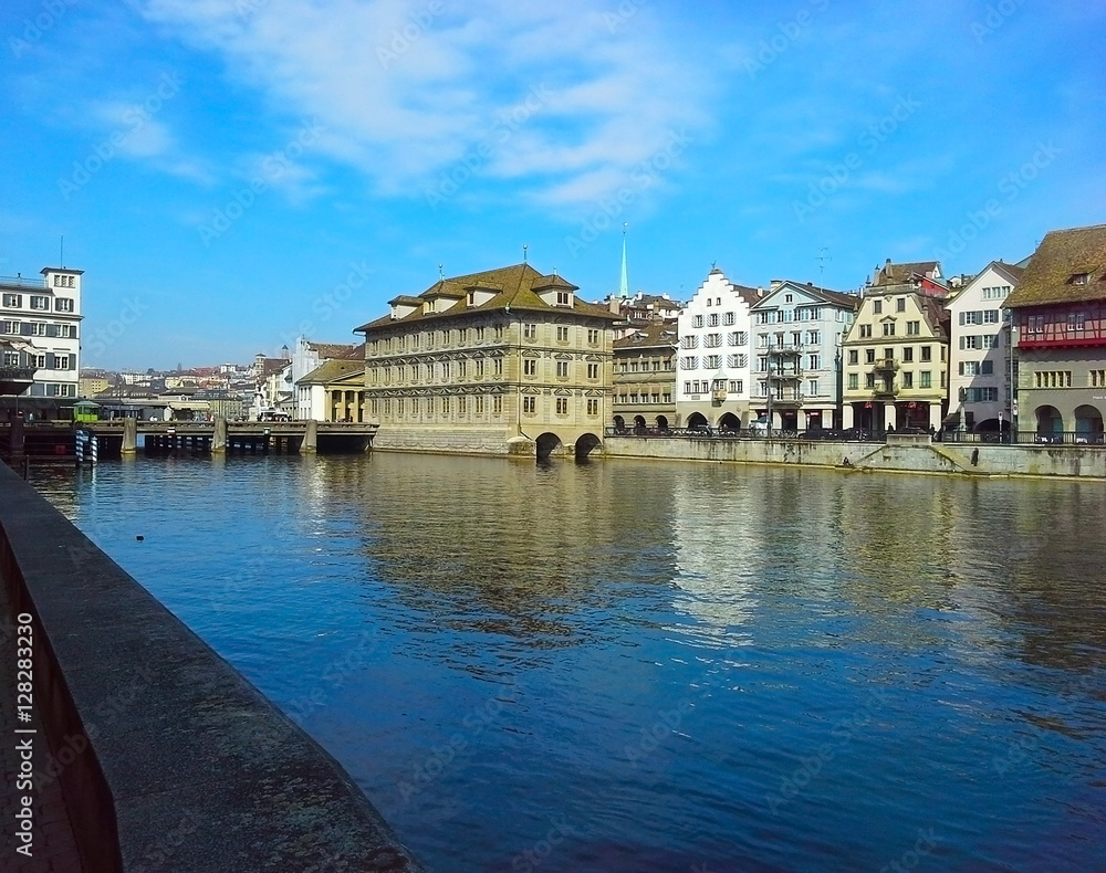 Zurich waterfront views, architecture, river Limmat, Switzerland