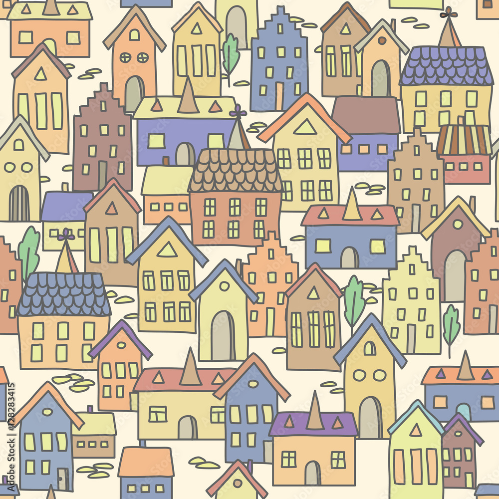 Seamless pattern background with european houses in pale colors.