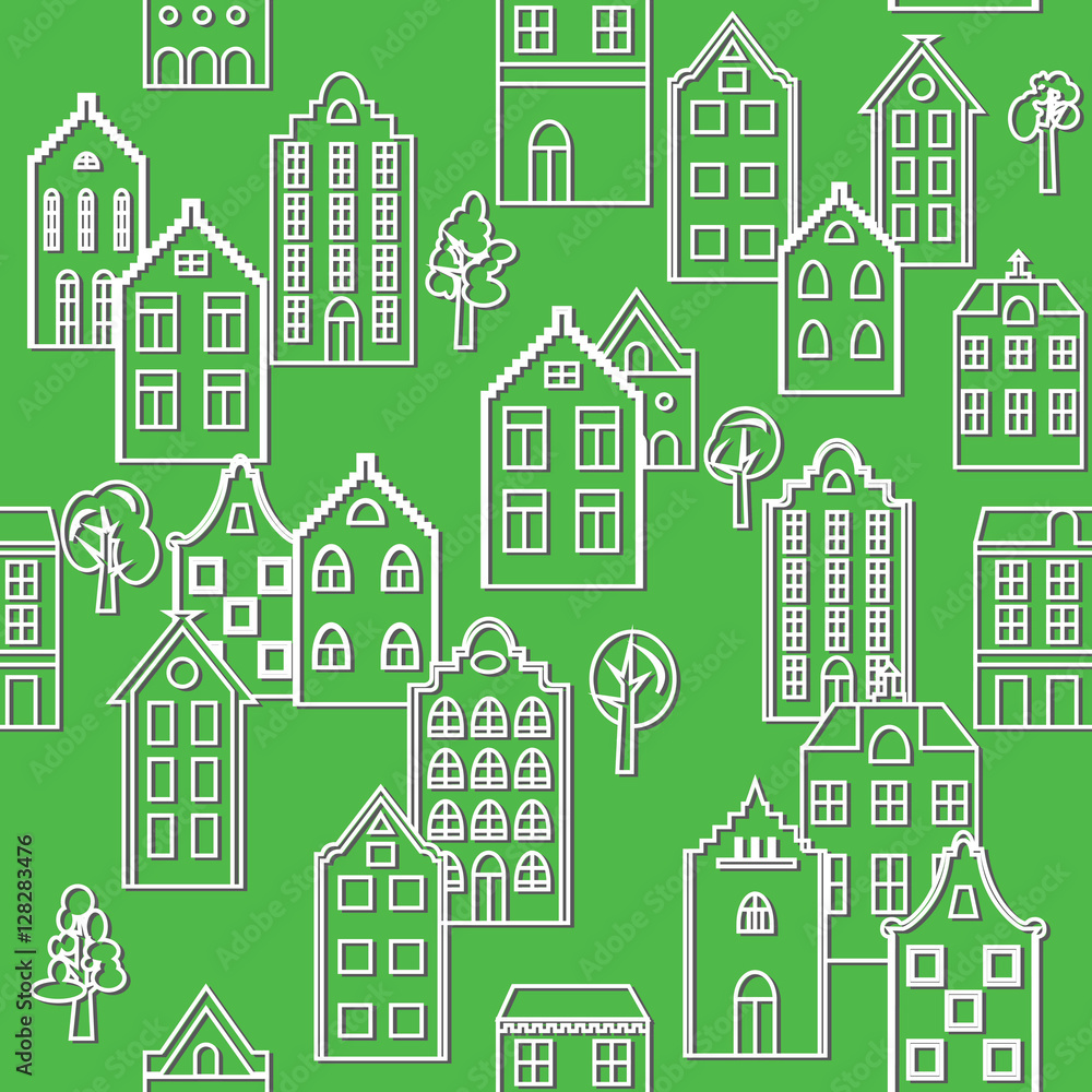 Vector seamless pattern background with european houses.