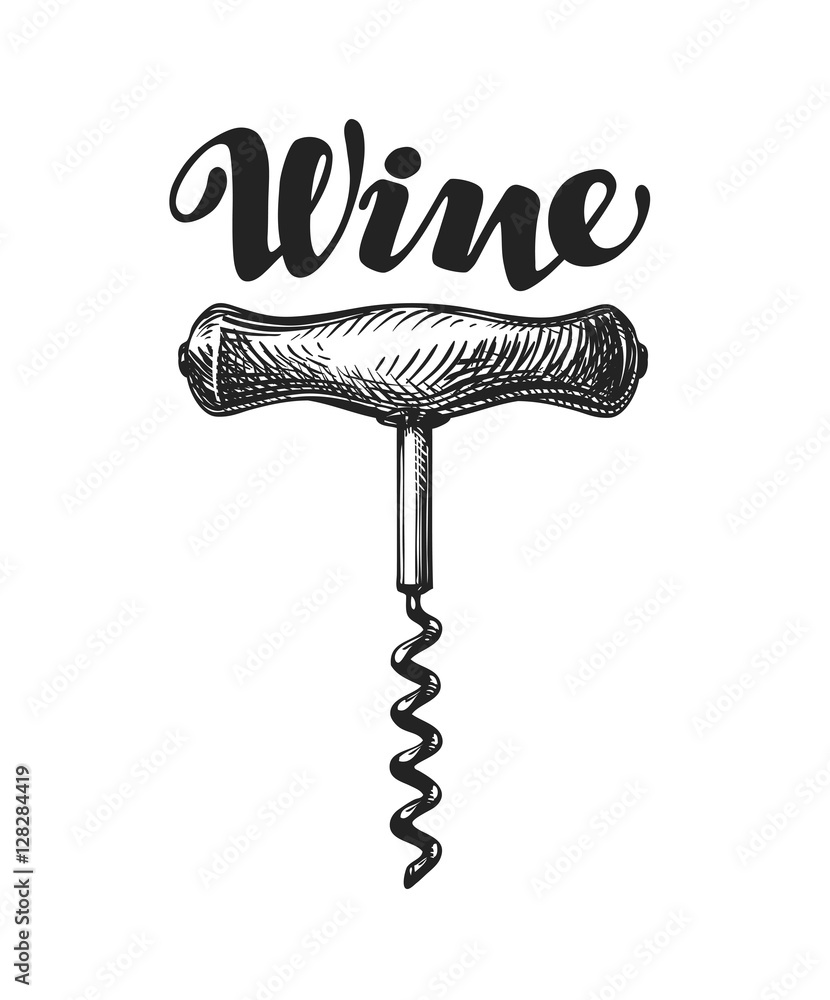 Wine corkscrew sketch. Vector illustration - obrazy, fototapety, plakaty 