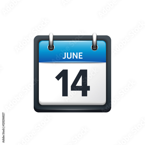 June 14. Calendar icon.Vector illustration,flat style.Month and date.Sunday,Monday,Tuesday,Wednesday,Thursday,Friday,Saturday.Week,weekend,red letter day. 2017,2018 year.Holidays.