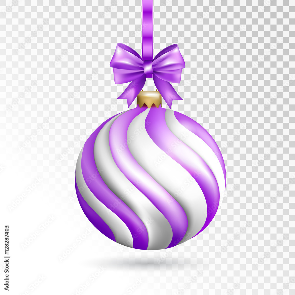 Violet striped ball with bow isolated on transparent background. Holiday christmas toy for fir tree. Vector illustration.