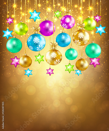Colorful Christmas balls  stars with lights  on gold background.