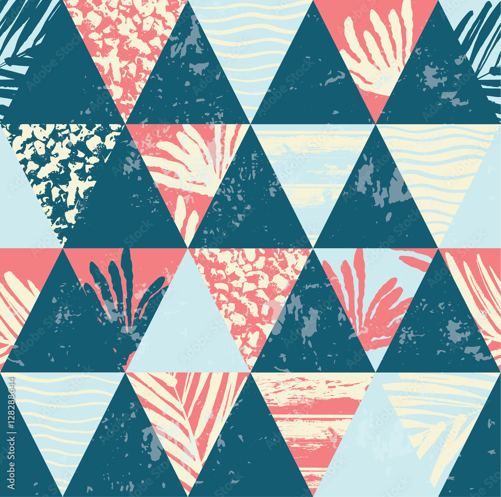 Obraz premium Seamless exotic pattern with palm leaves on geometric background