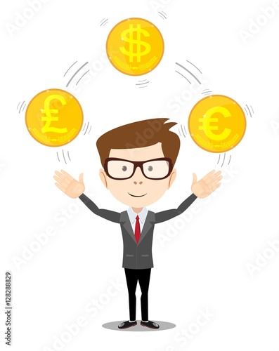 Cartoon businessman juggling with gold coins