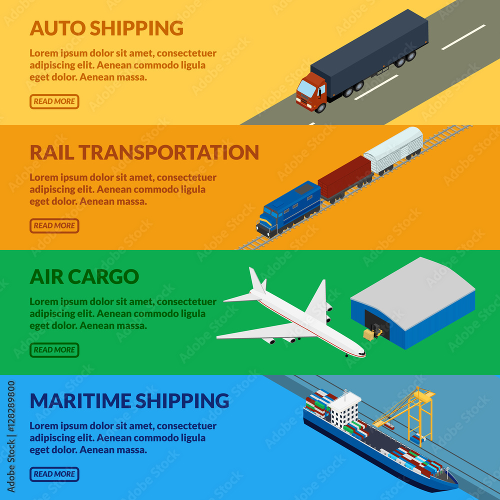 Vector illustration. Web banner freight delivery. Truck, train, airplane, ship logistics. Storing and loading. Isometric, 3D.