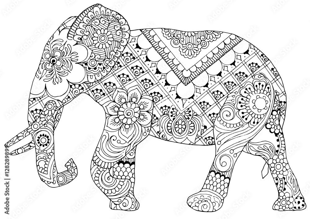Naklejka premium sylwetka słonia malowała ornamenty w stylu mihendi